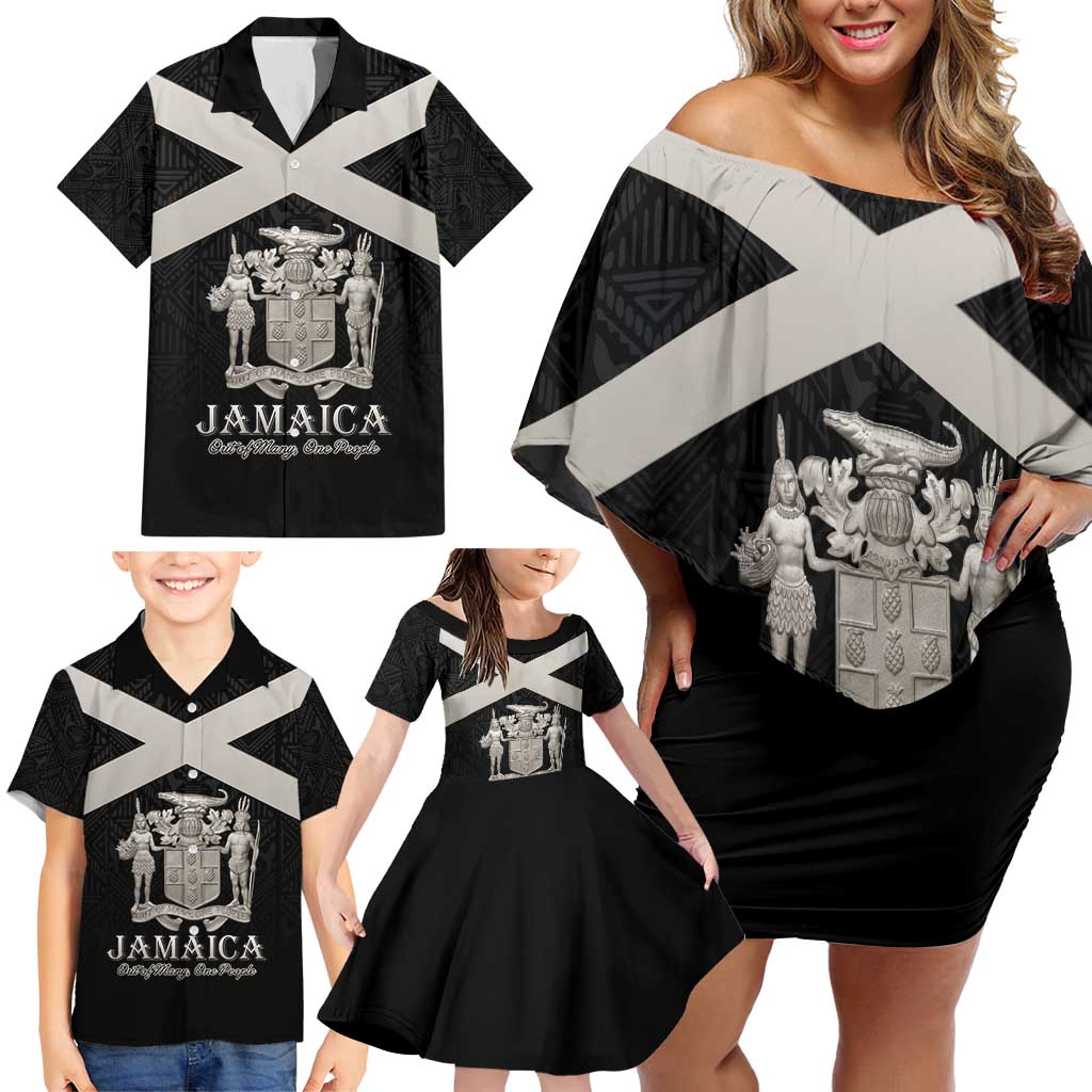 Personalized Jamaica Family Matching Off Shoulder Short Dress and Hawaiian Shirt Coat Of Arms With Rastafarian Lion Silver Color - Wonder Print Shop