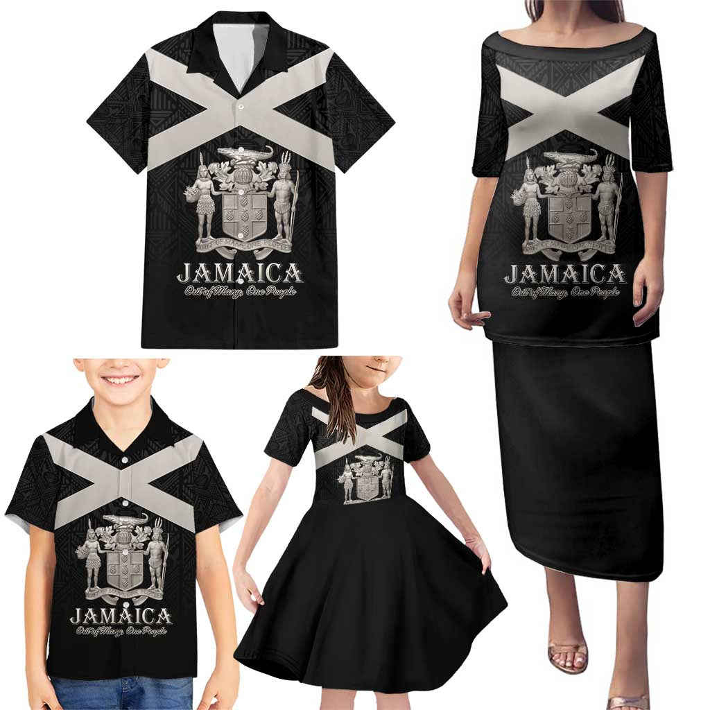 Personalized Jamaica Family Matching Puletasi and Hawaiian Shirt Coat Of Arms With Rastafarian Lion Silver Color - Wonder Print Shop