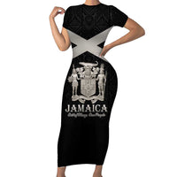 Personalized Jamaica Family Matching Short Sleeve Bodycon Dress and Hawaiian Shirt Coat Of Arms With Rastafarian Lion Silver Color - Wonder Print Shop