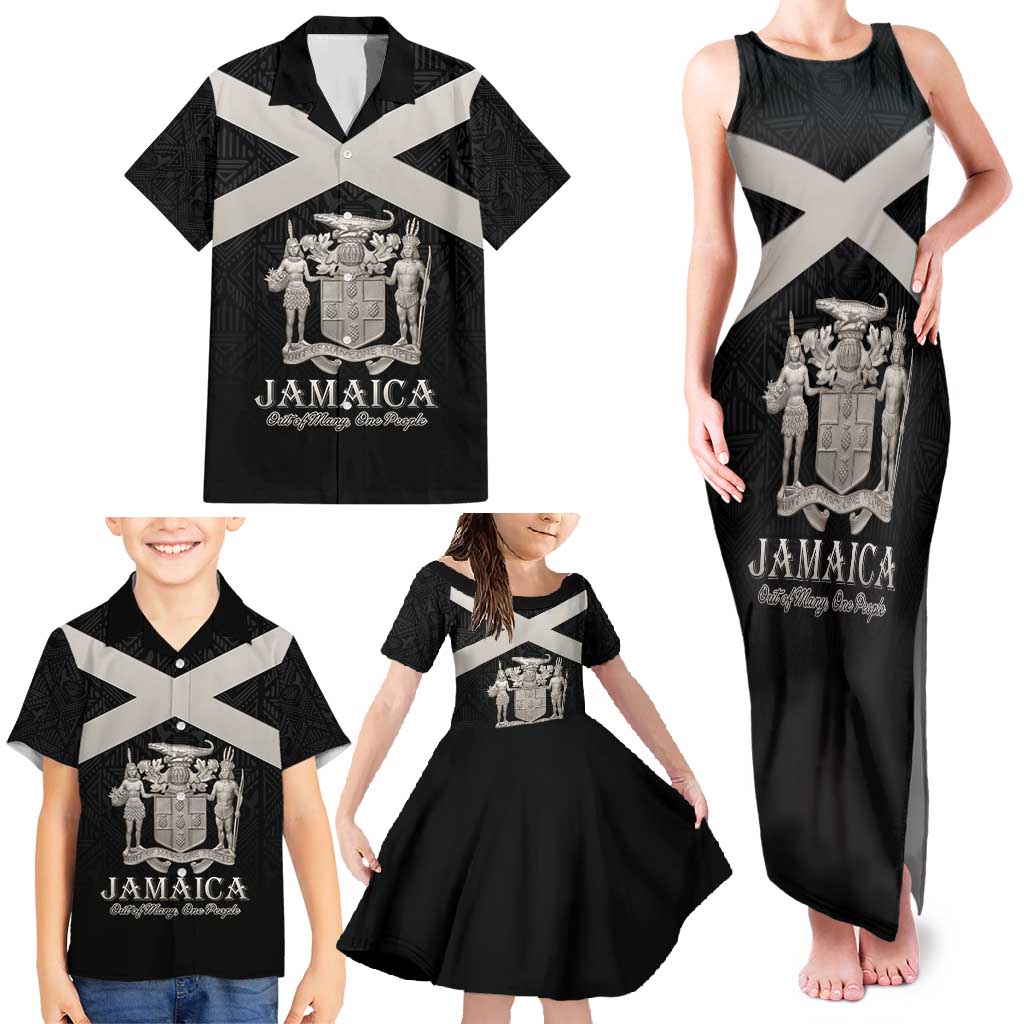 Personalized Jamaica Family Matching Tank Maxi Dress and Hawaiian Shirt Coat Of Arms With Rastafarian Lion Silver Color - Wonder Print Shop