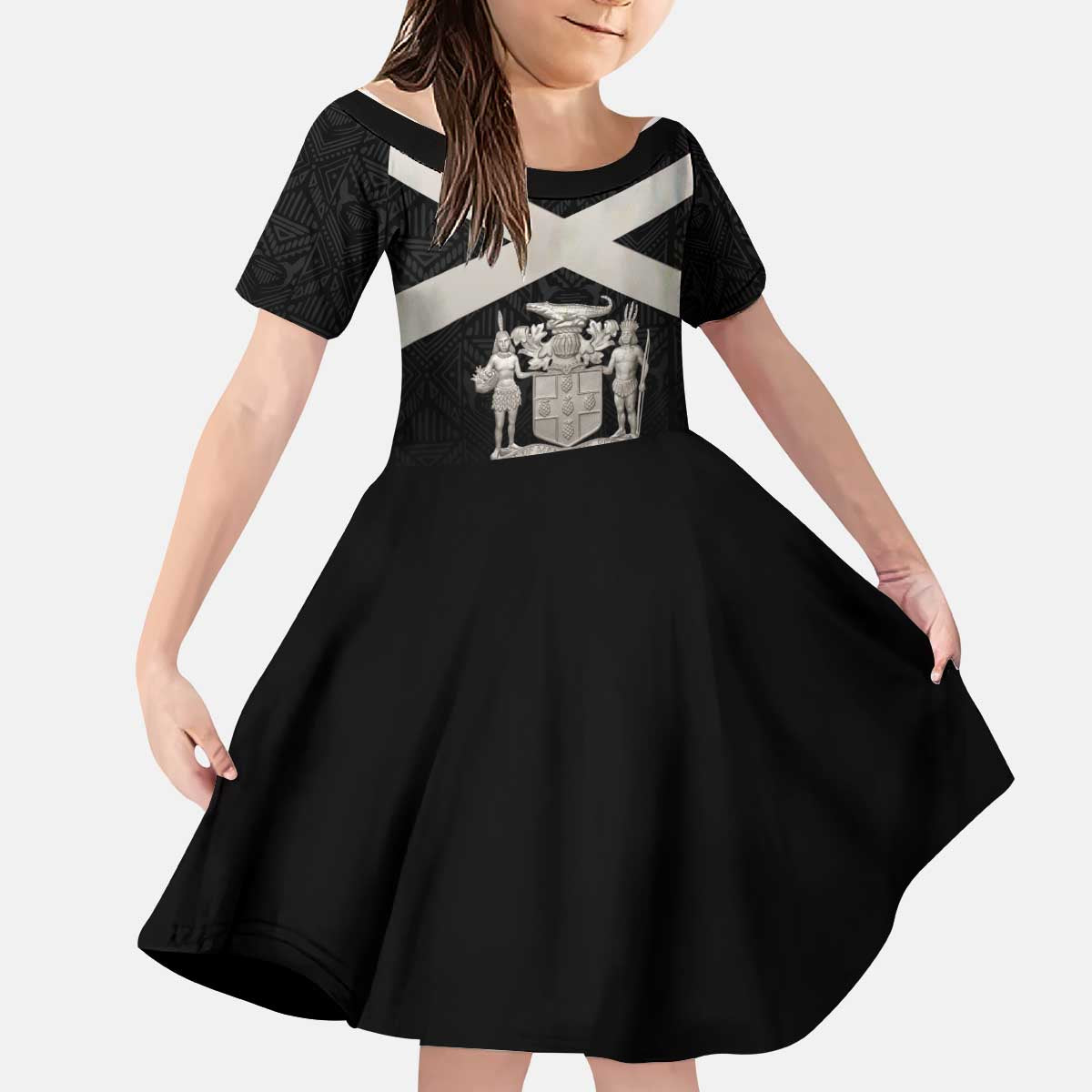 Personalized Jamaica Kid Short Sleeve Dress Coat Of Arms With Rastafarian Lion Silver Color - Wonder Print Shop