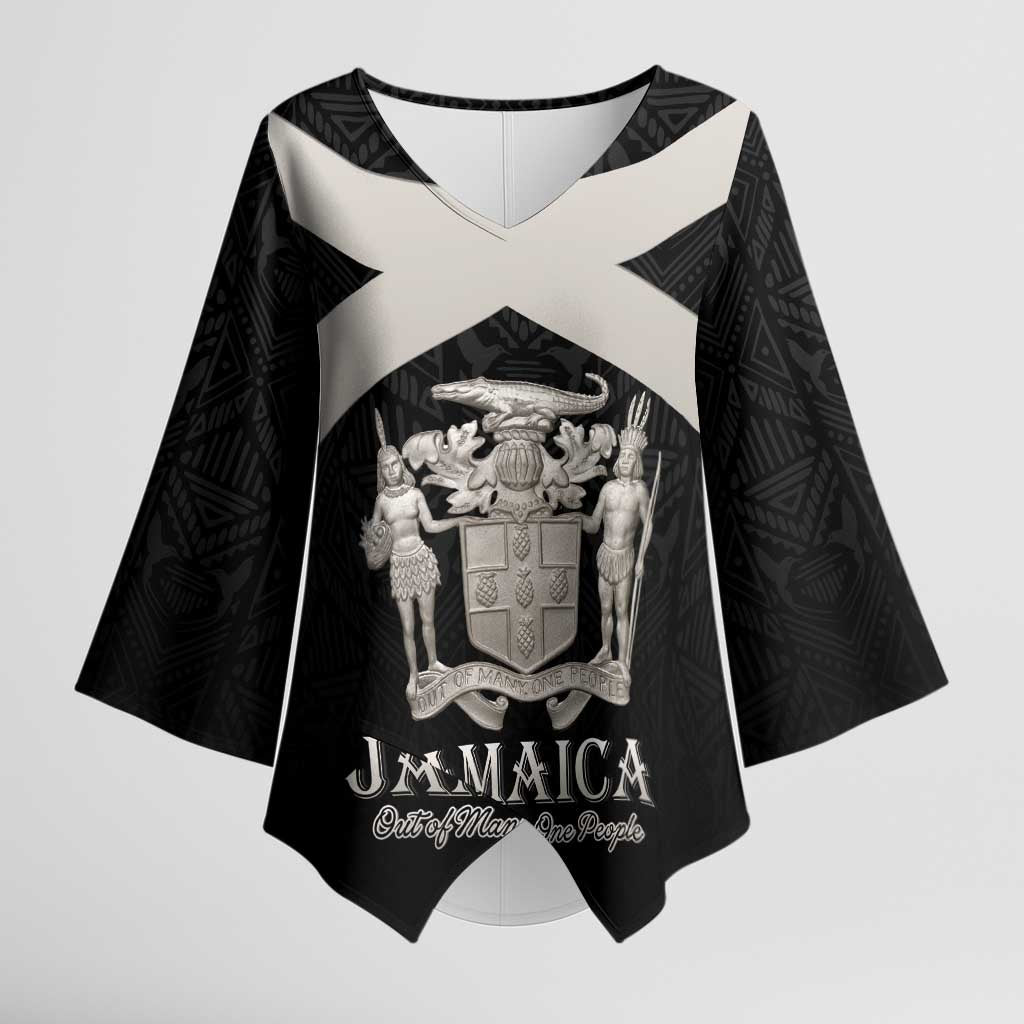 Personalized Jamaica Kimono Sleeve Blouse Coat Of Arms With Rastafarian Lion Silver Color - Wonder Print Shop