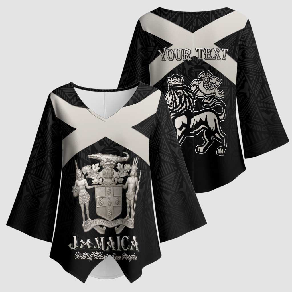 Personalized Jamaica Kimono Sleeve Blouse Coat Of Arms With Rastafarian Lion Silver Color - Wonder Print Shop