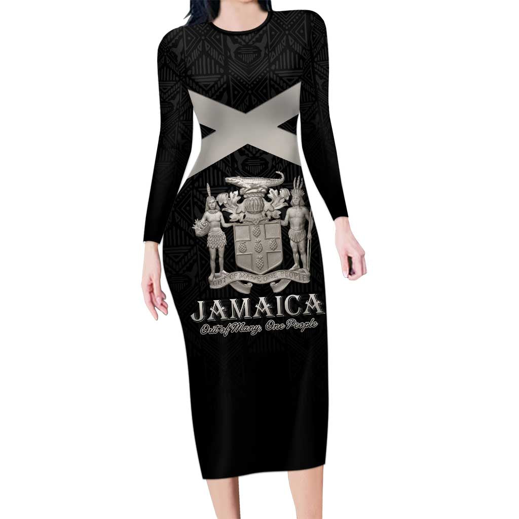 Personalized Jamaica Long Sleeve Bodycon Dress Coat Of Arms With Rastafarian Lion Silver Color - Wonder Print Shop