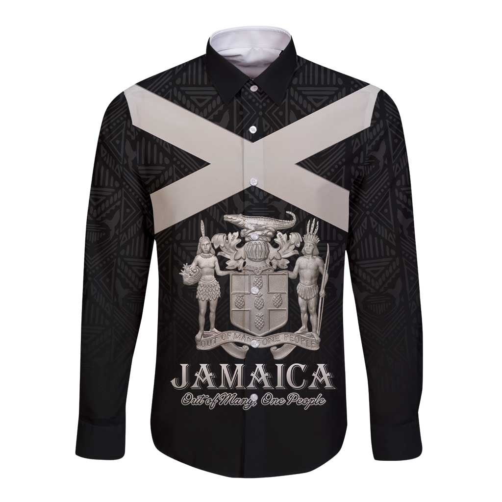 Personalized Jamaica Long Sleeve Button Shirt Coat Of Arms With Rastafarian Lion Silver Color - Wonder Print Shop