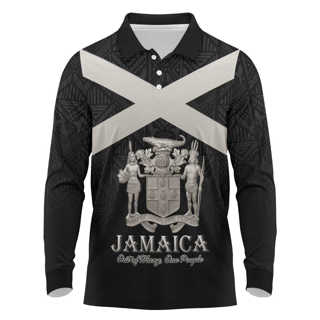 Personalized Jamaica Long Sleeve Polo Shirt Coat Of Arms With Rastafarian Lion Silver Color - Wonder Print Shop