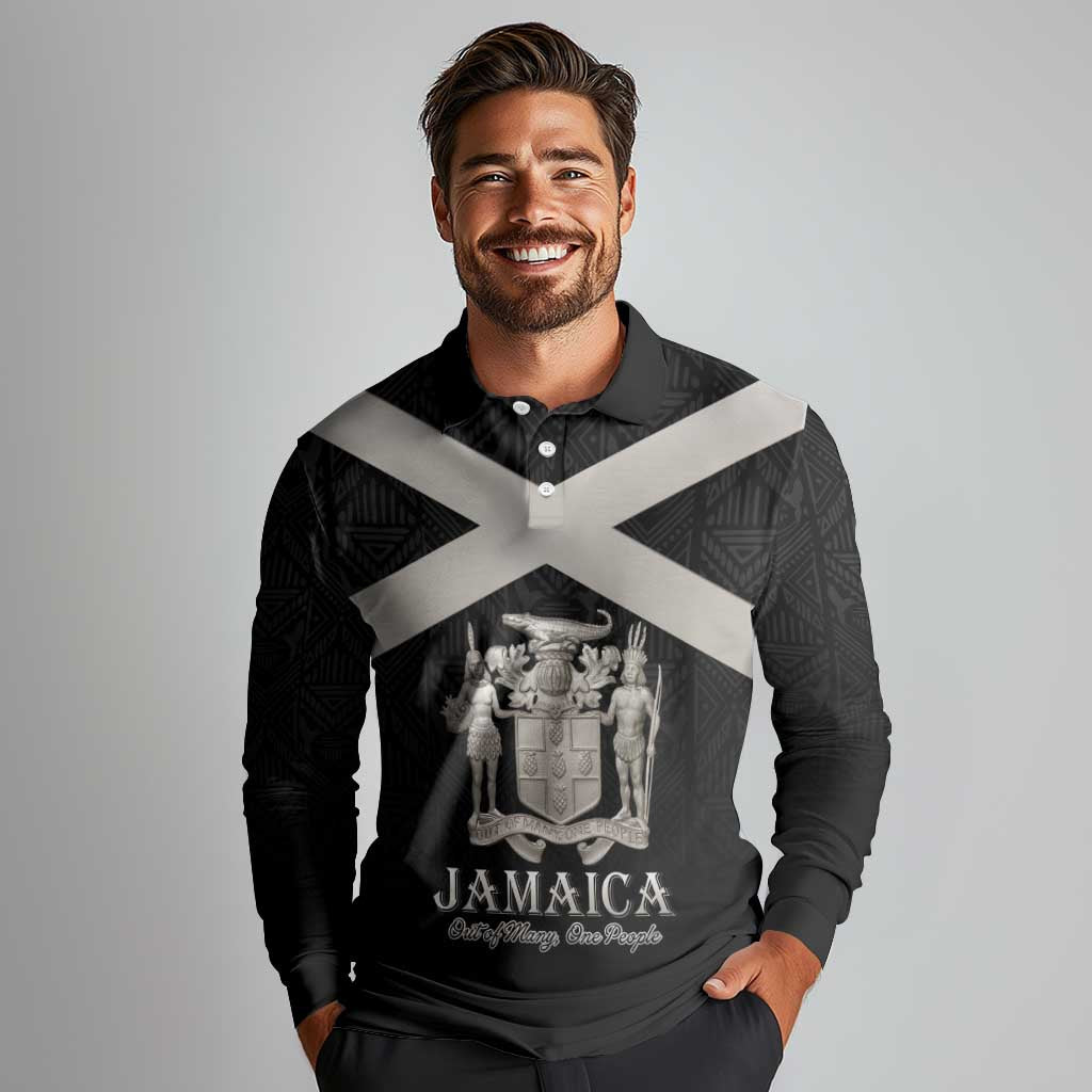 Personalized Jamaica Long Sleeve Polo Shirt Coat Of Arms With Rastafarian Lion Silver Color - Wonder Print Shop