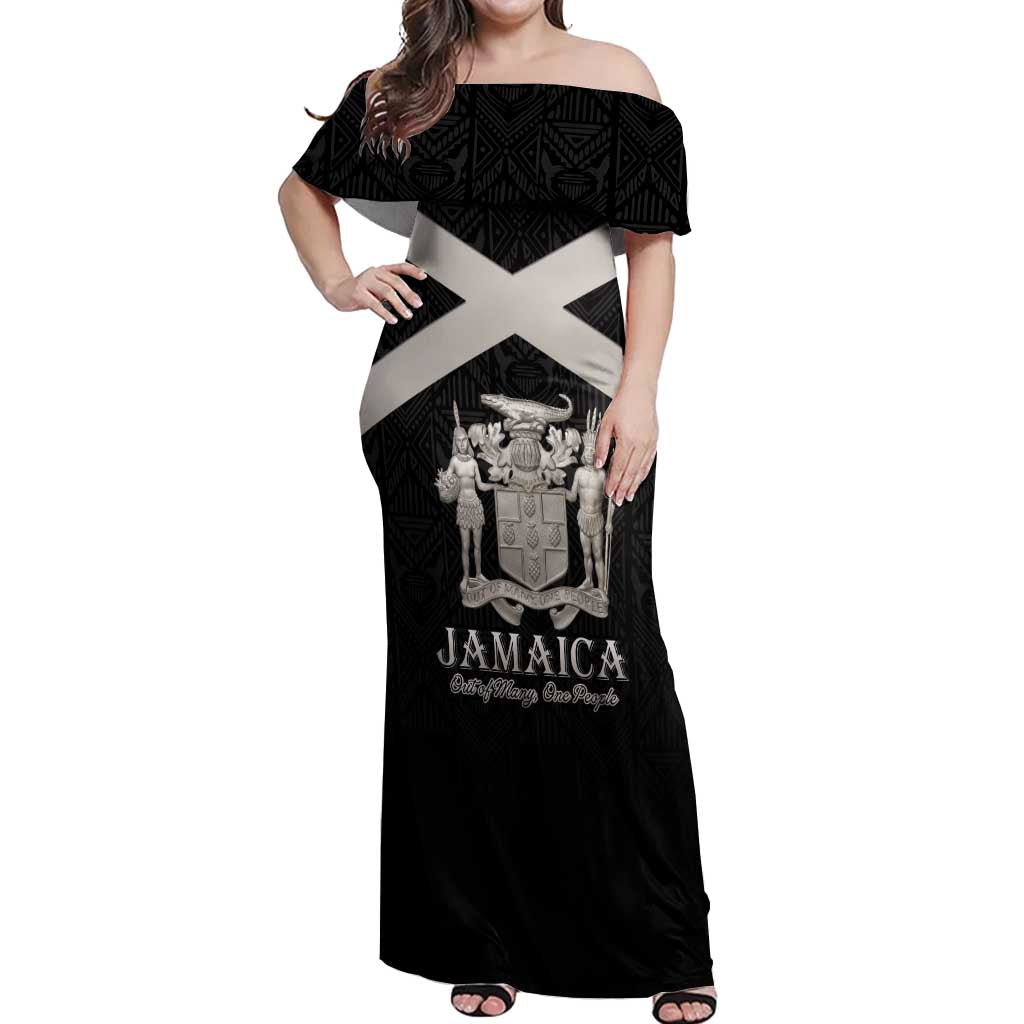 Personalized Jamaica Off Shoulder Maxi Dress Coat Of Arms With Rastafarian Lion Silver Color - Wonder Print Shop