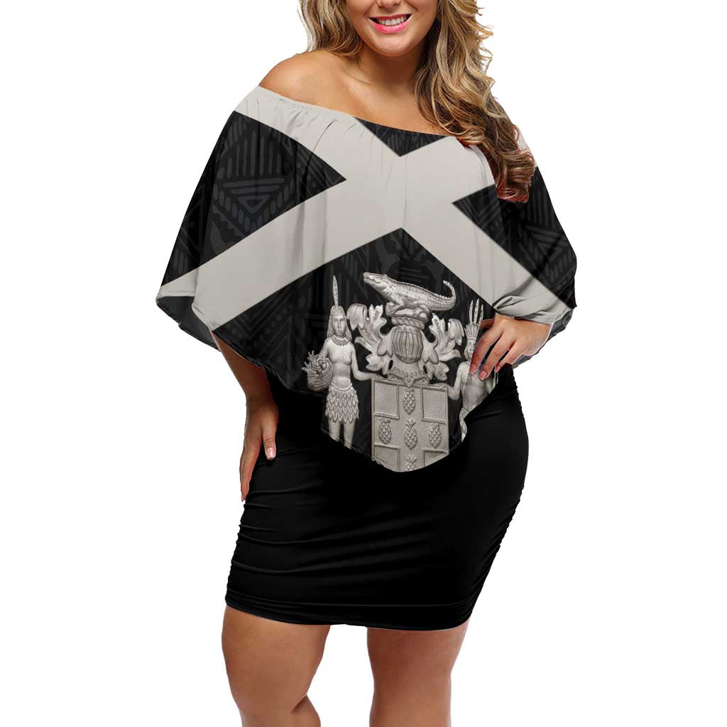 Personalized Jamaica Off Shoulder Short Dress Coat Of Arms With Rastafarian Lion Silver Color - Wonder Print Shop