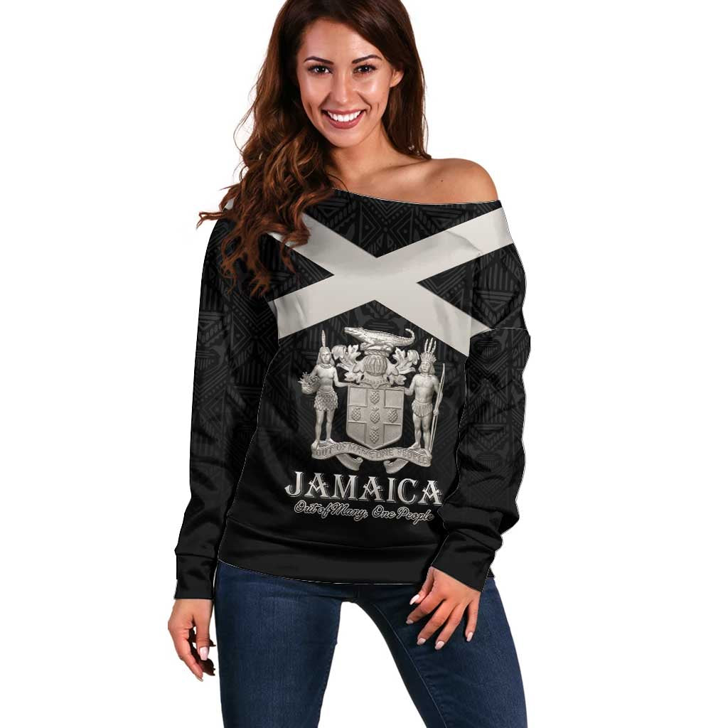 Personalized Jamaica Off Shoulder Sweater Coat Of Arms With Rastafarian Lion Silver Color - Wonder Print Shop