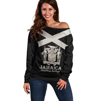 Personalized Jamaica Off Shoulder Sweater Coat Of Arms With Rastafarian Lion Silver Color - Wonder Print Shop
