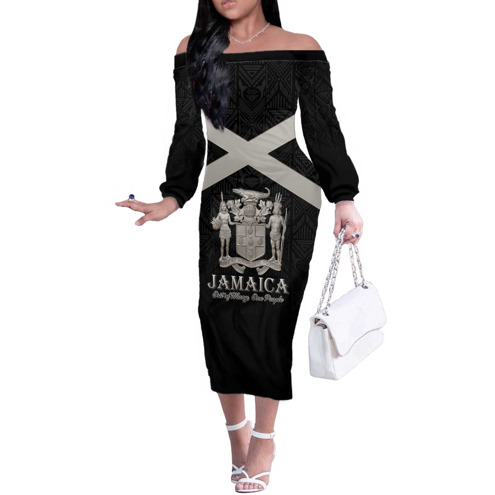 Personalized Jamaica Off The Shoulder Long Sleeve Dress Coat Of Arms With Rastafarian Lion Silver Color - Wonder Print Shop