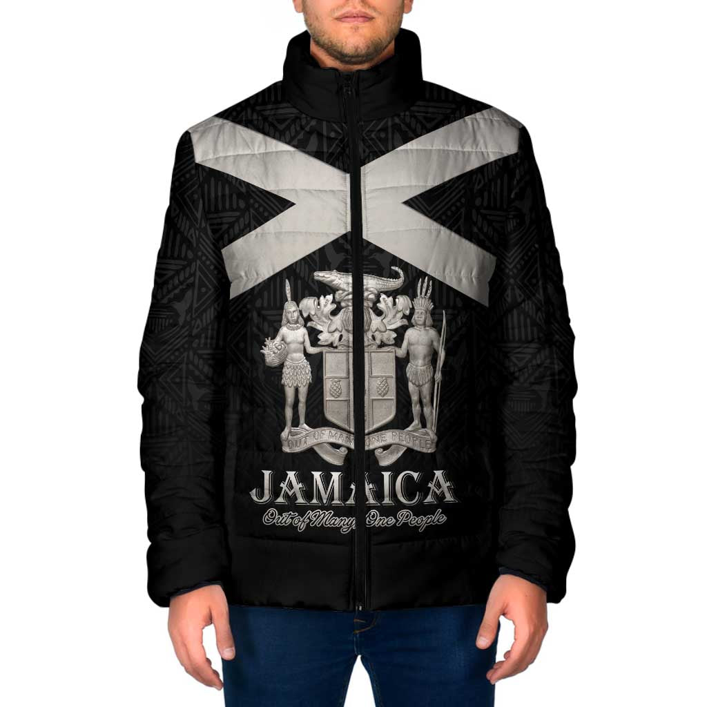 Personalized Jamaica Padded Jacket Coat Of Arms With Rastafarian Lion Silver Color - Wonder Print Shop