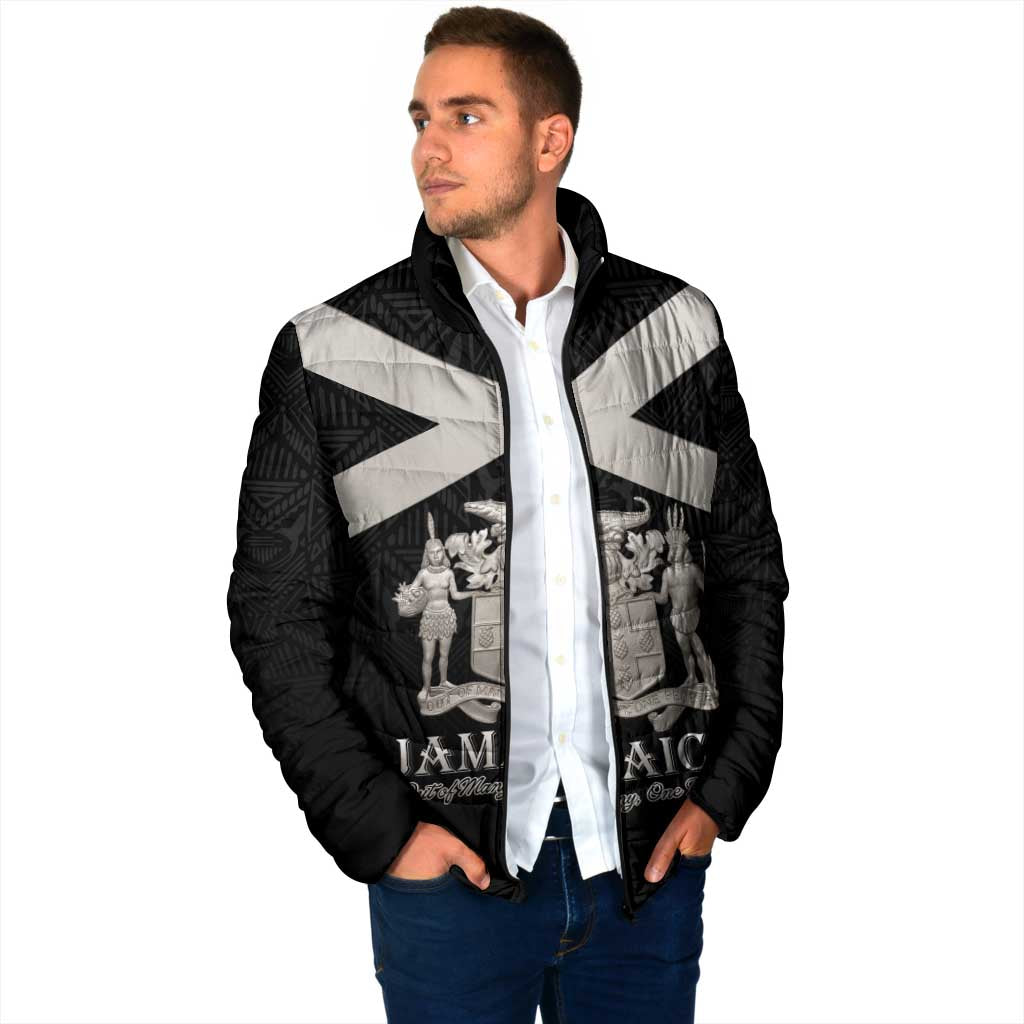 Personalized Jamaica Padded Jacket Coat Of Arms With Rastafarian Lion Silver Color - Wonder Print Shop