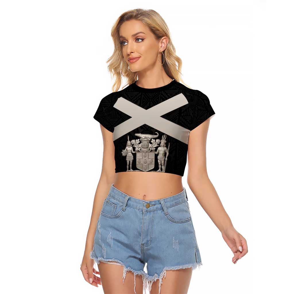 Personalized Jamaica Raglan Cropped T Shirt Coat Of Arms With Rastafarian Lion Silver Color - Wonder Print Shop