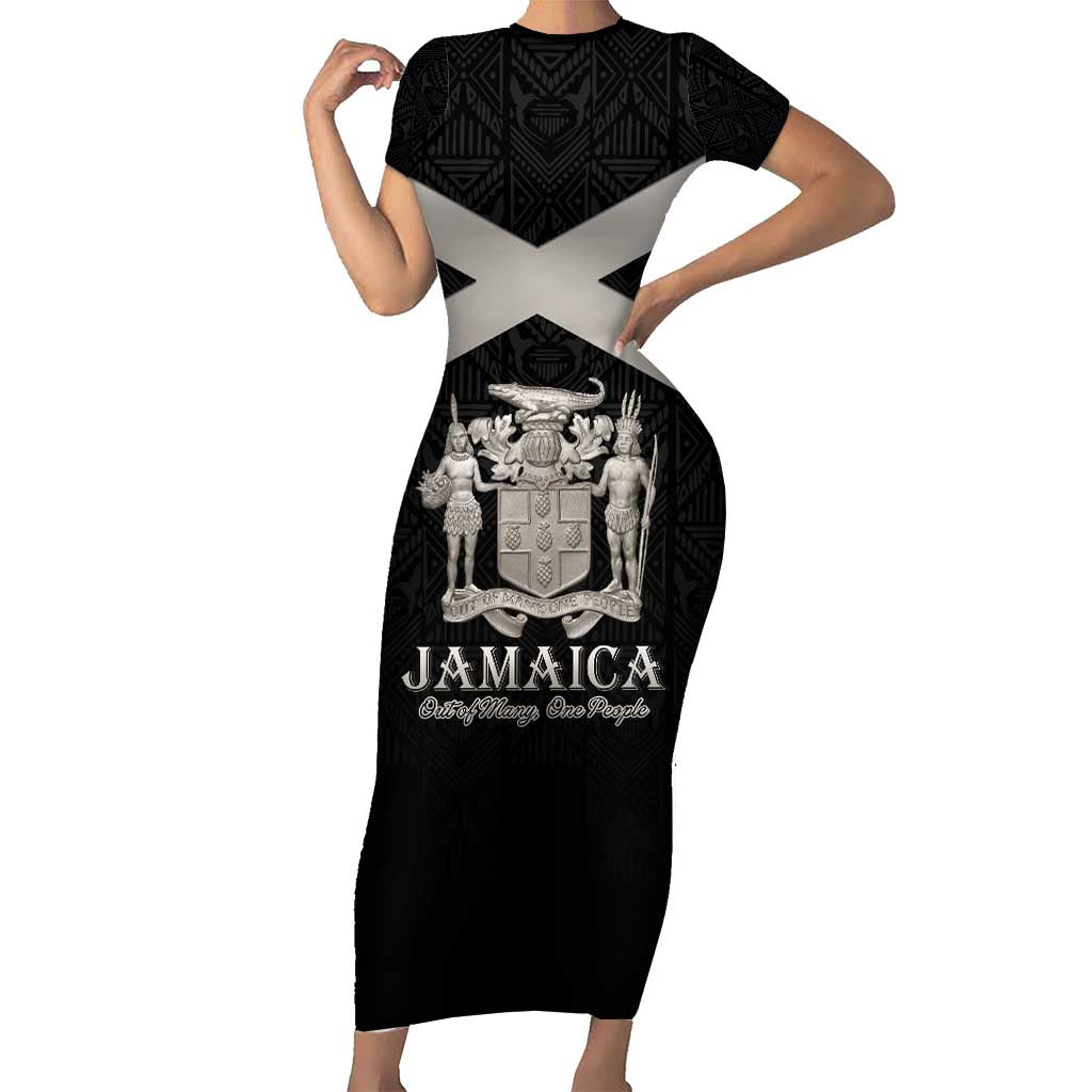 Personalized Jamaica Short Sleeve Bodycon Dress Coat Of Arms With Rastafarian Lion Silver Color - Wonder Print Shop