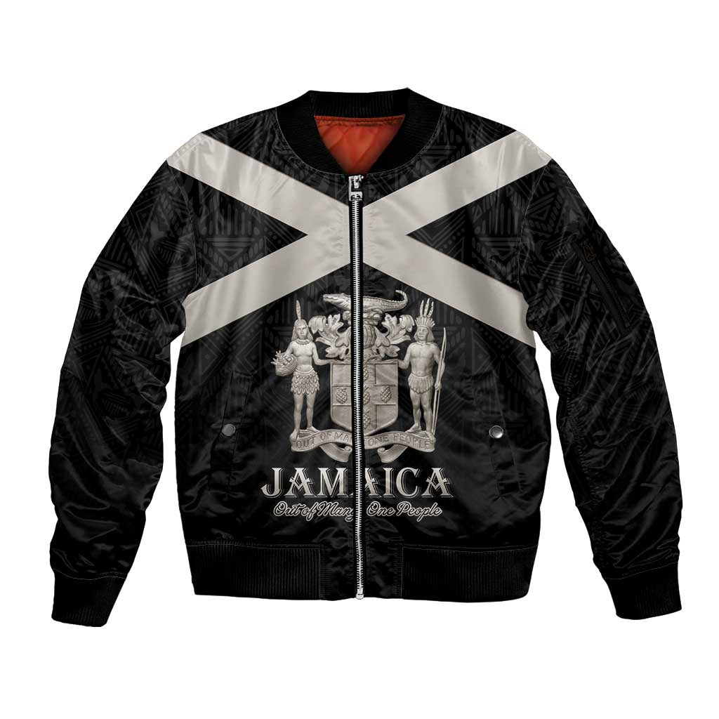 Personalized Jamaica Sleeve Zip Bomber Jacket Coat Of Arms With Rastafarian Lion Silver Color - Wonder Print Shop
