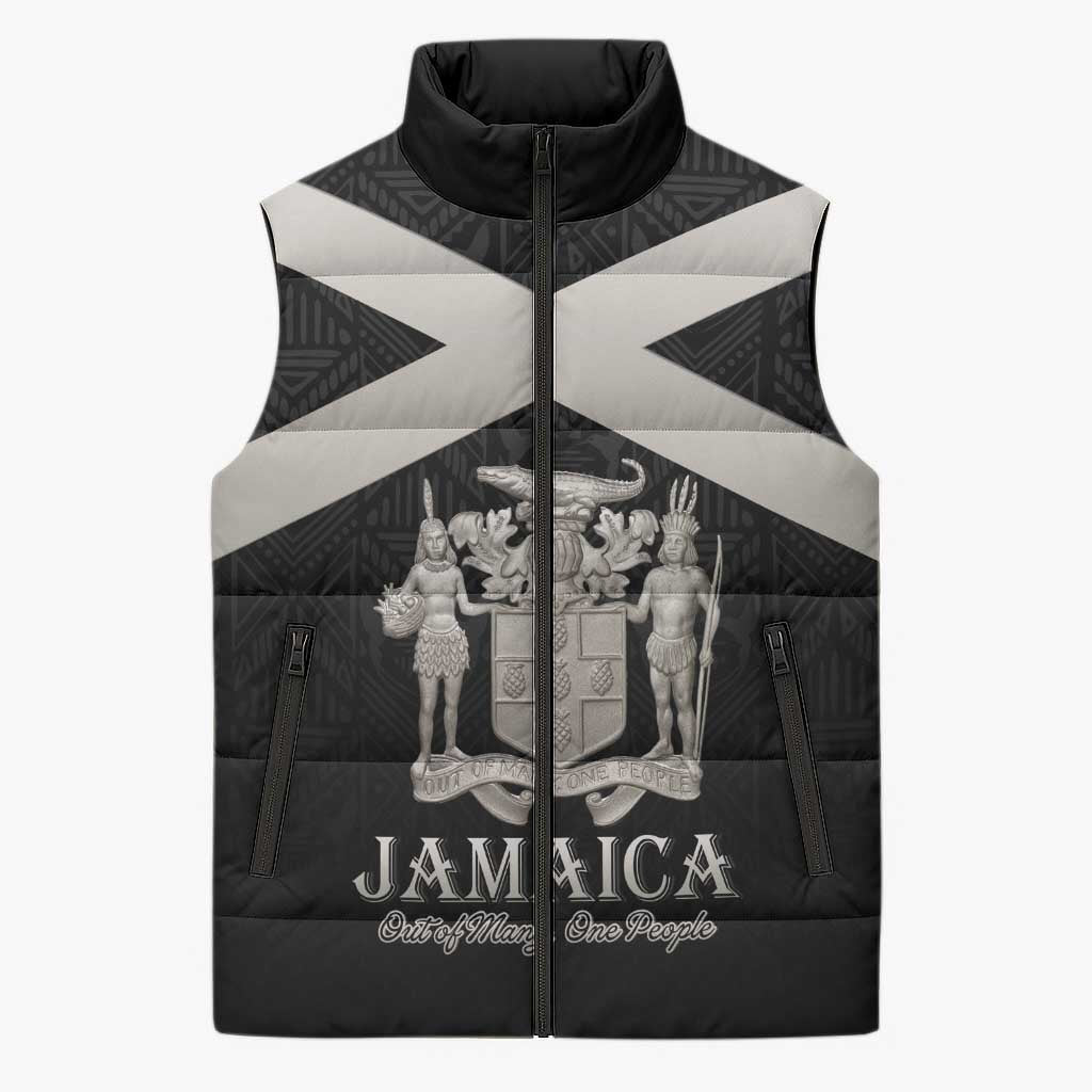Personalized Jamaica Sleeveless Puffer Jacket Coat Of Arms With Rastafarian Lion Silver Color - Wonder Print Shop