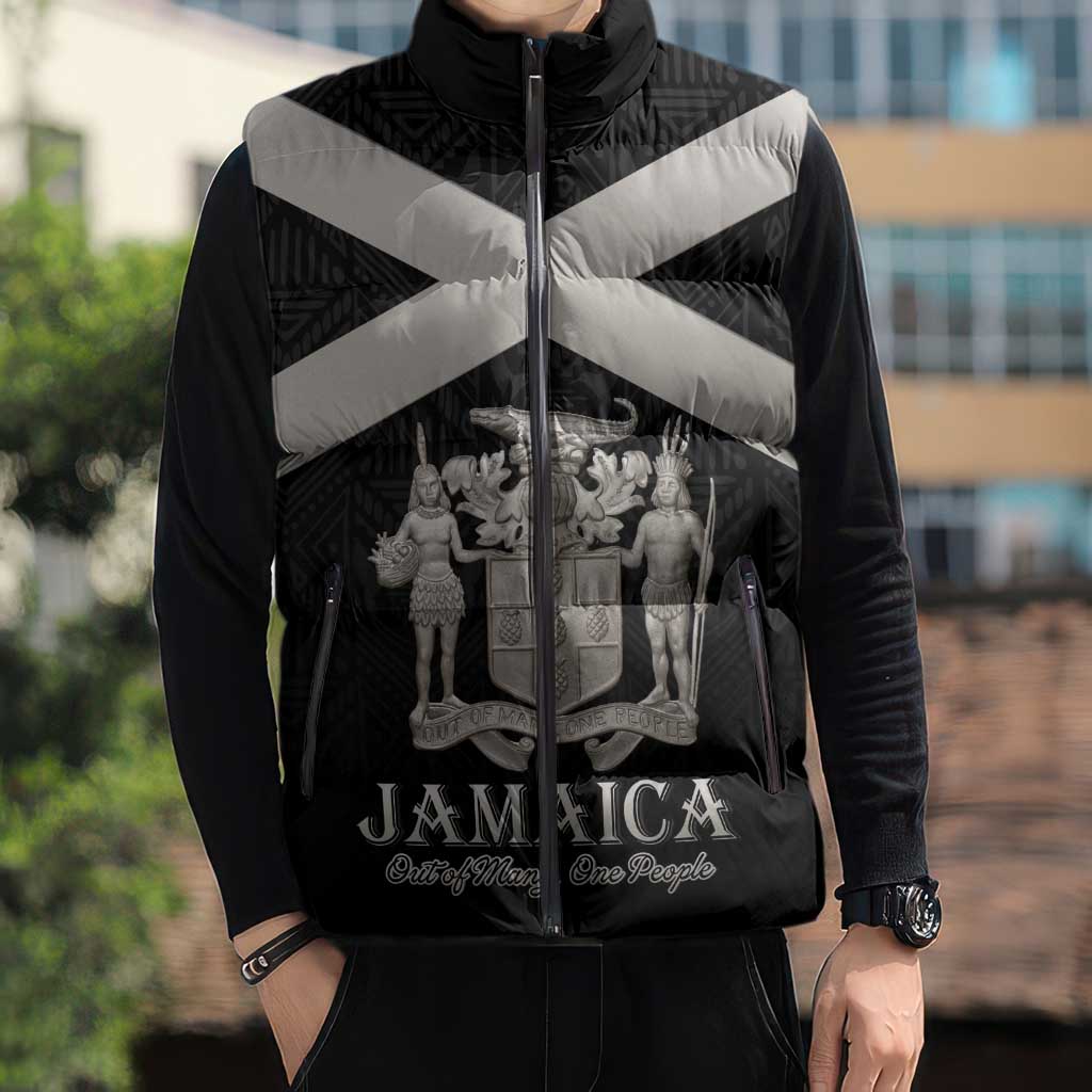 Personalized Jamaica Sleeveless Puffer Jacket Coat Of Arms With Rastafarian Lion Silver Color - Wonder Print Shop