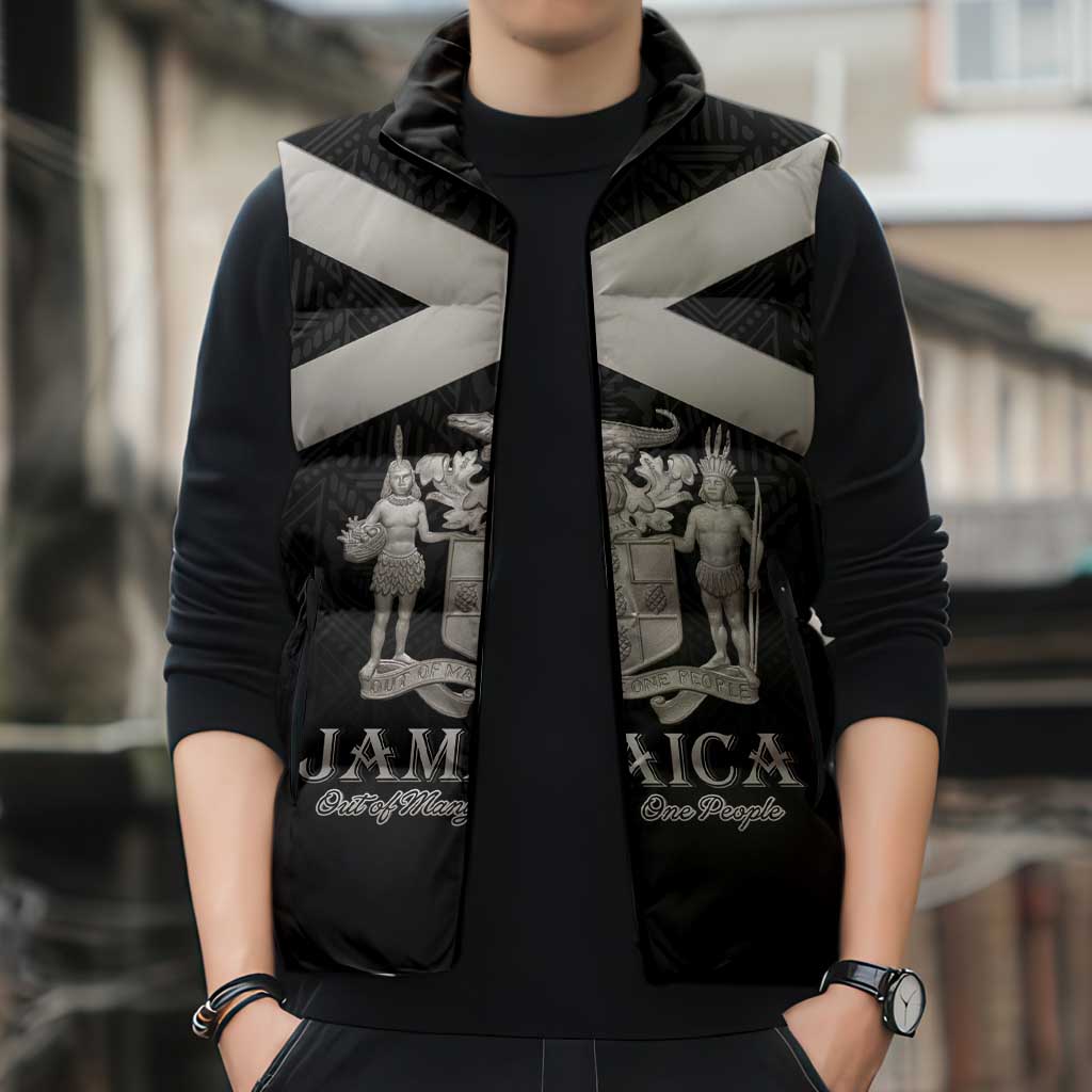 Personalized Jamaica Sleeveless Puffer Jacket Coat Of Arms With Rastafarian Lion Silver Color - Wonder Print Shop
