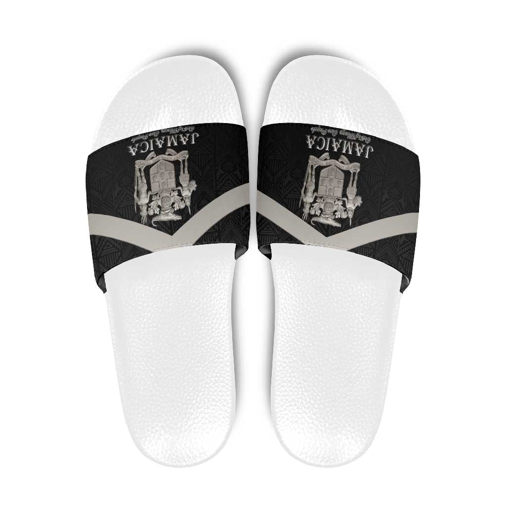 Jamaica Slide Sandals Coat Of Arms With Rastafarian Lion Silver Color - Wonder Print Shop