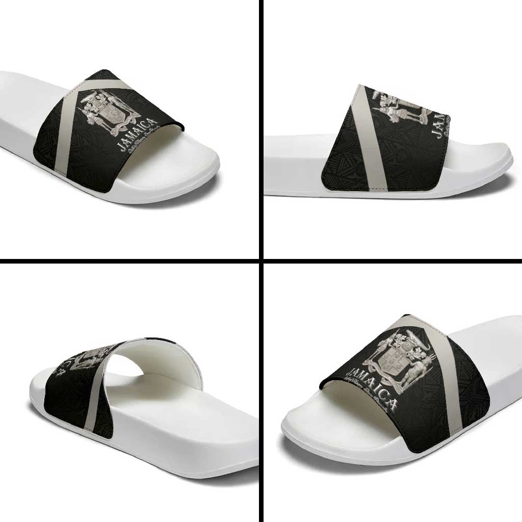 Jamaica Slide Sandals Coat Of Arms With Rastafarian Lion Silver Color - Wonder Print Shop