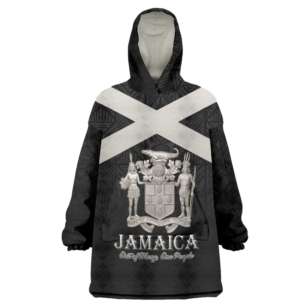 Personalized Jamaica Wearable Blanket Hoodie Coat Of Arms With Rastafarian Lion Silver Color - Wonder Print Shop