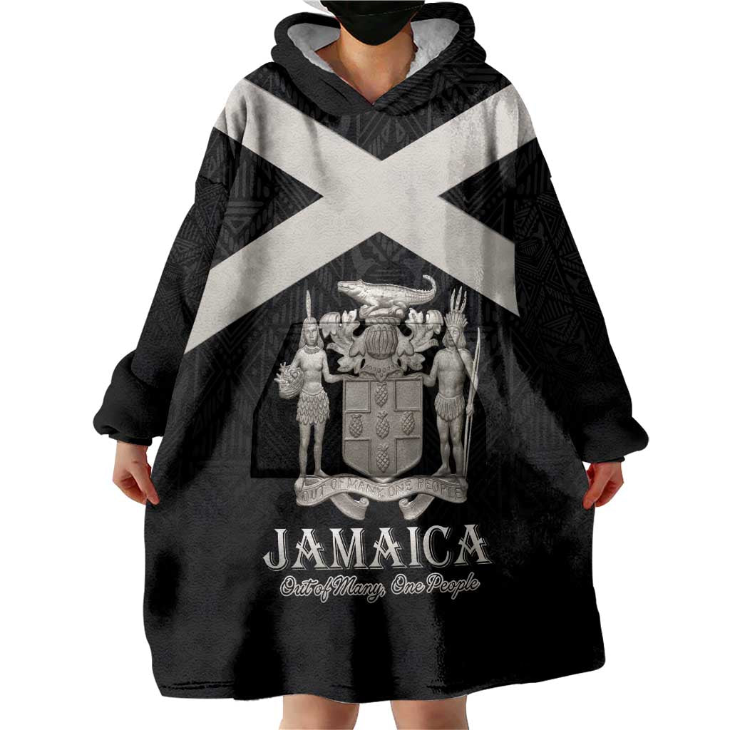 Personalized Jamaica Wearable Blanket Hoodie Coat Of Arms With Rastafarian Lion Silver Color - Wonder Print Shop