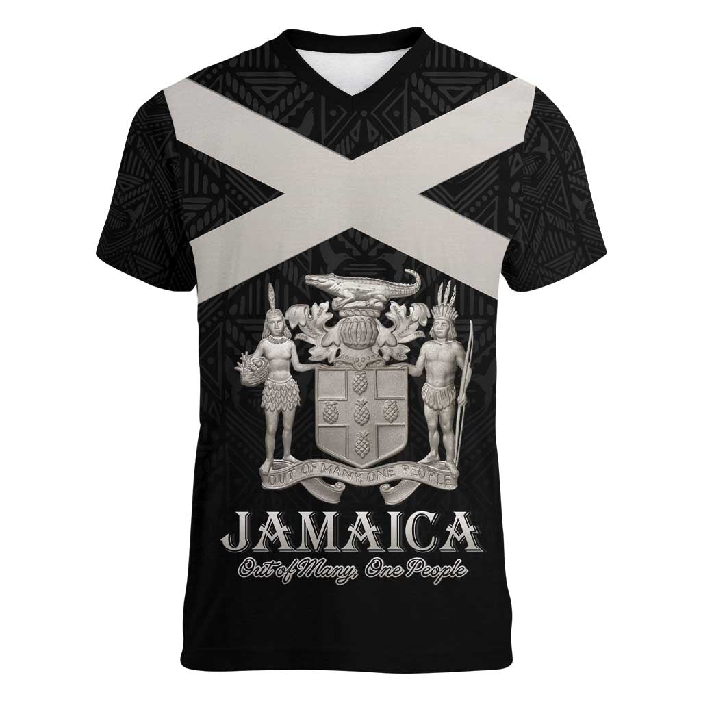 Personalized Jamaica Women V-Neck T-Shirt Coat Of Arms With Rastafarian Lion Silver Color - Wonder Print Shop