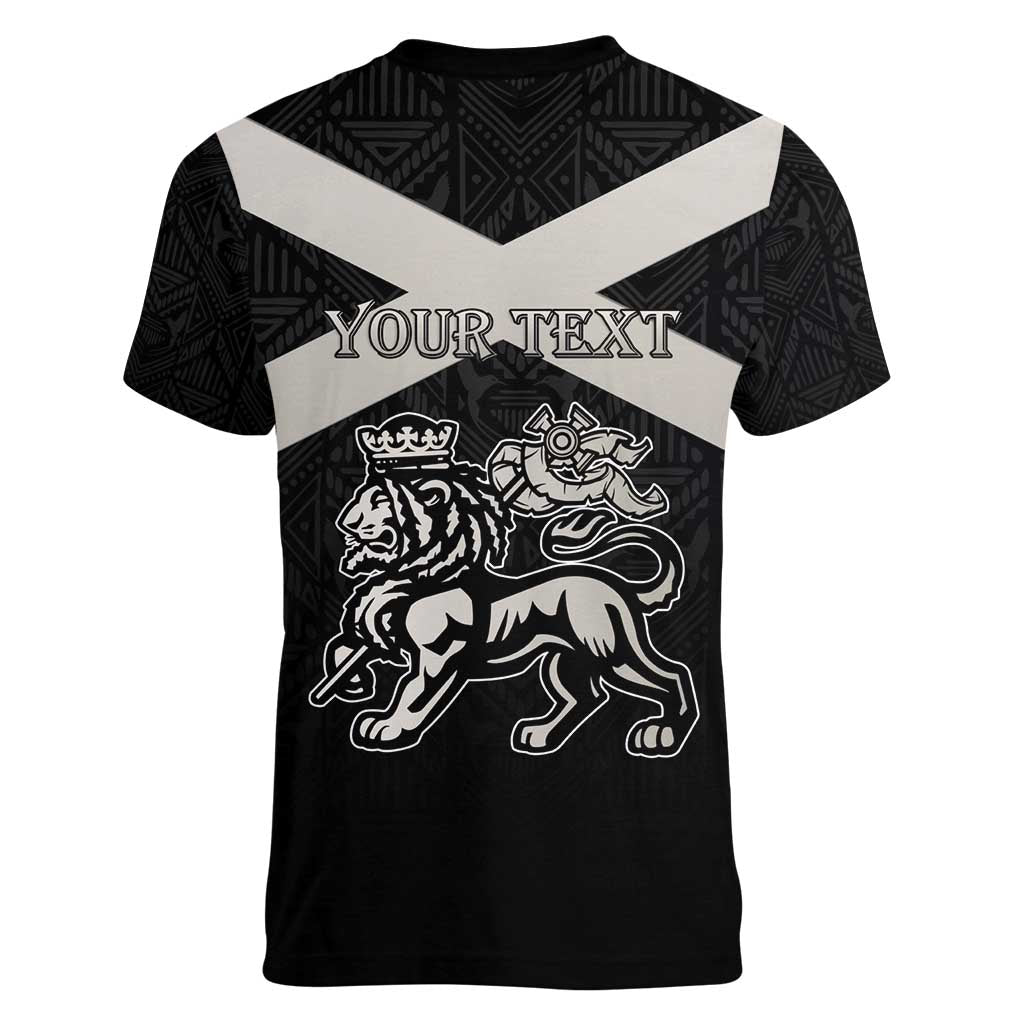 Personalized Jamaica Women V-Neck T-Shirt Coat Of Arms With Rastafarian Lion Silver Color - Wonder Print Shop