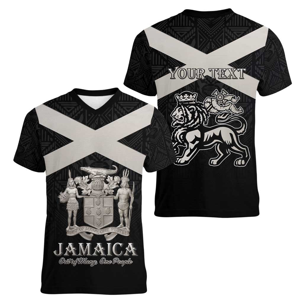 Personalized Jamaica Women V-Neck T-Shirt Coat Of Arms With Rastafarian Lion Silver Color - Wonder Print Shop