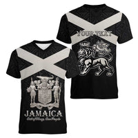 Personalized Jamaica Women V-Neck T-Shirt Coat Of Arms With Rastafarian Lion Silver Color - Wonder Print Shop