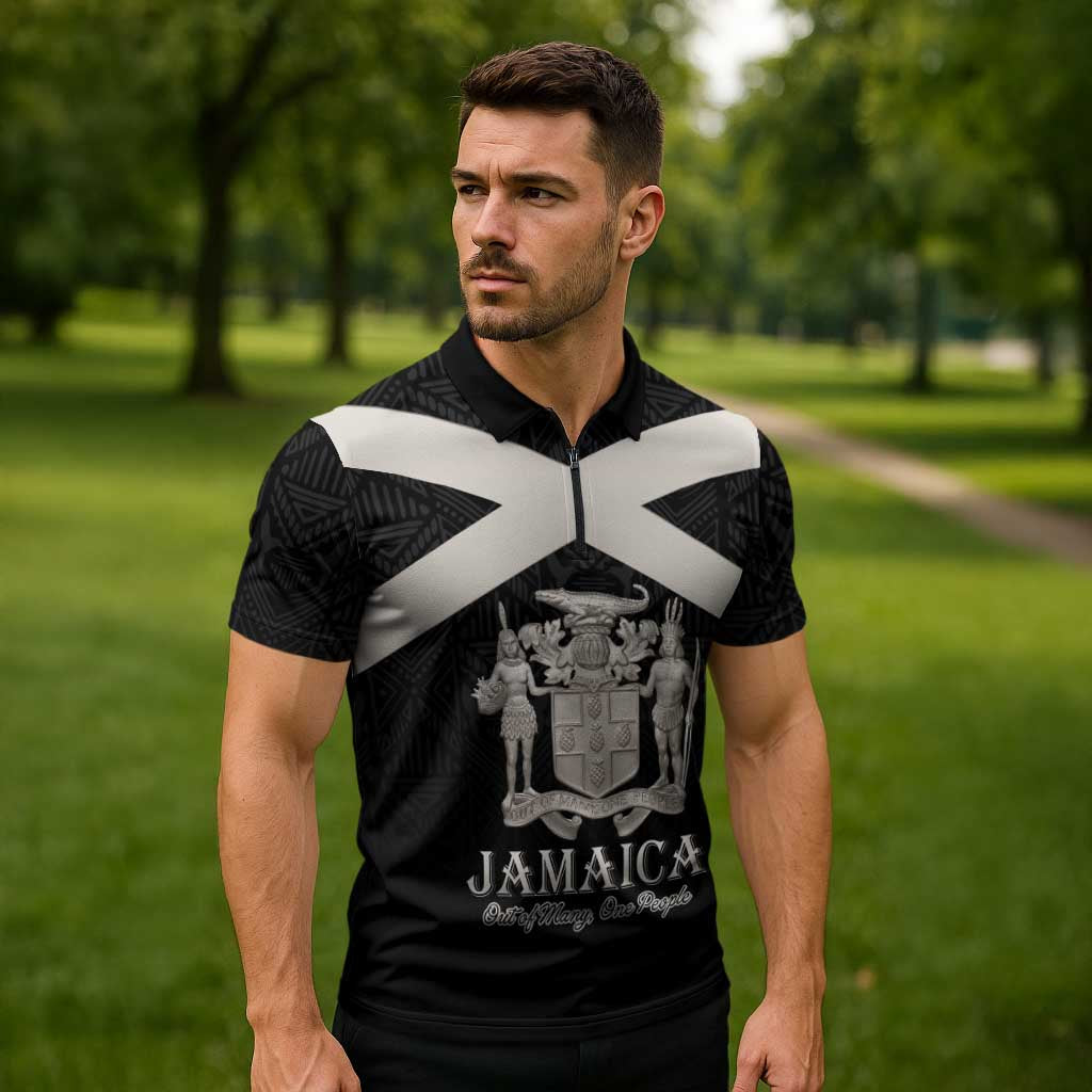 Personalized Jamaica Zipper Polo Shirt Coat Of Arms With Rastafarian Lion Silver Color - Wonder Print Shop
