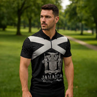 Personalized Jamaica Zipper Polo Shirt Coat Of Arms With Rastafarian Lion Silver Color - Wonder Print Shop