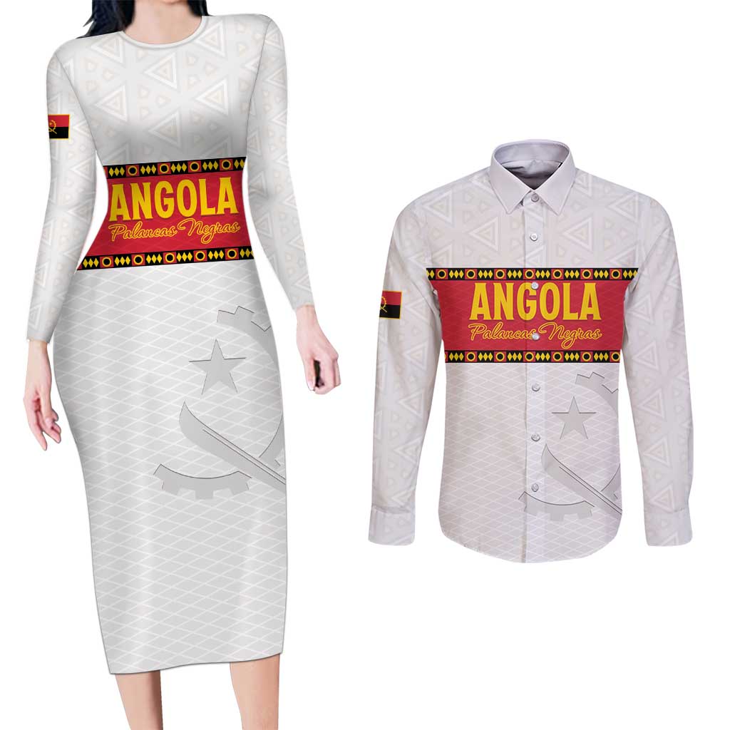 Custom Angola Football Couples Matching Long Sleeve Bodycon Dress and Long Sleeve Button Shirt Avante Palancas Negras - White - Wonder Print Shop