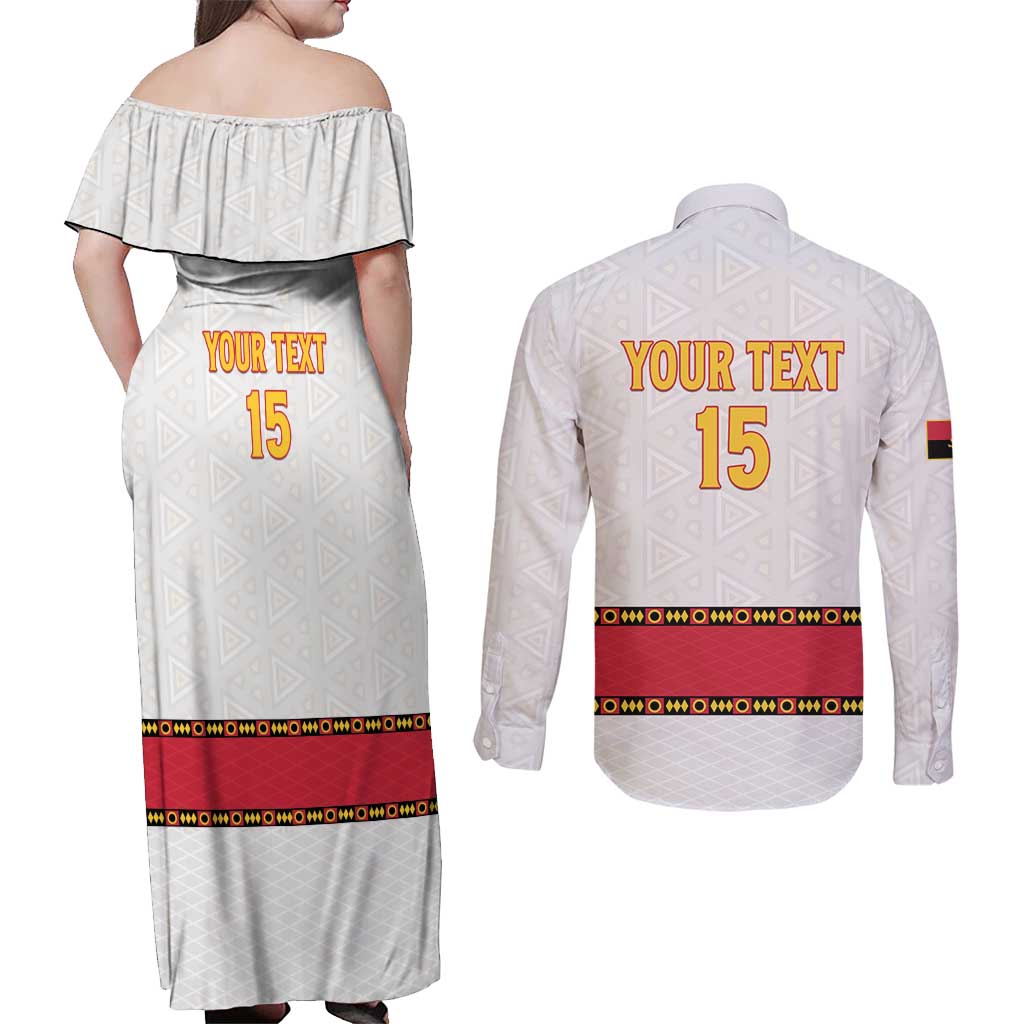 Custom Angola Football Couples Matching Off Shoulder Maxi Dress and Long Sleeve Button Shirt Avante Palancas Negras - White - Wonder Print Shop