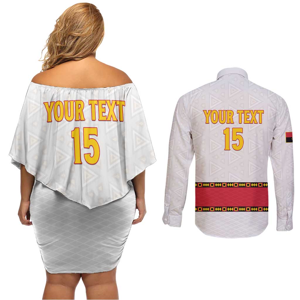 Custom Angola Football Couples Matching Off Shoulder Short Dress and Long Sleeve Button Shirt Avante Palancas Negras - White - Wonder Print Shop