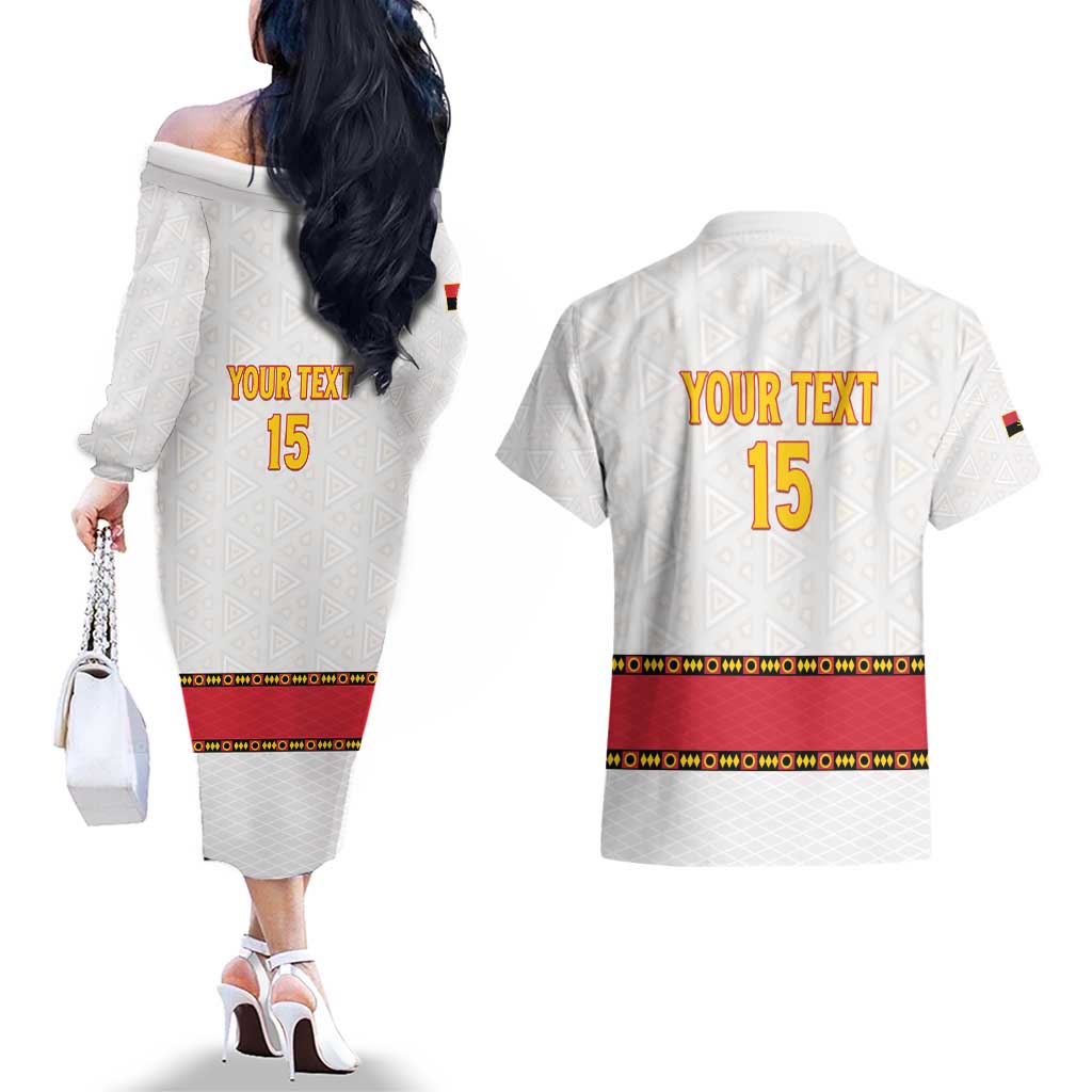 Custom Angola Football Couples Matching Off The Shoulder Long Sleeve Dress and Hawaiian Shirt Avante Palancas Negras - White - Wonder Print Shop