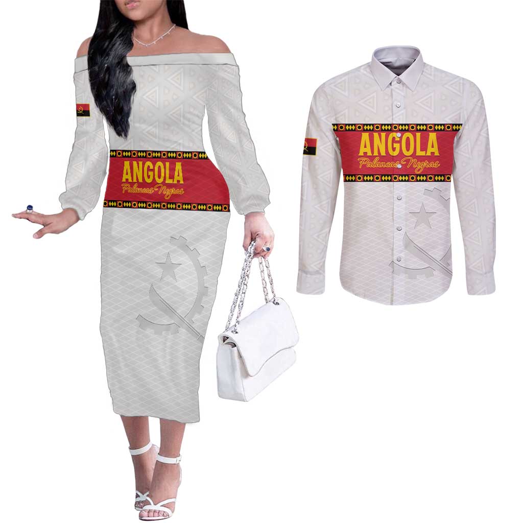 Custom Angola Football Couples Matching Off The Shoulder Long Sleeve Dress and Long Sleeve Button Shirt Avante Palancas Negras - White - Wonder Print Shop
