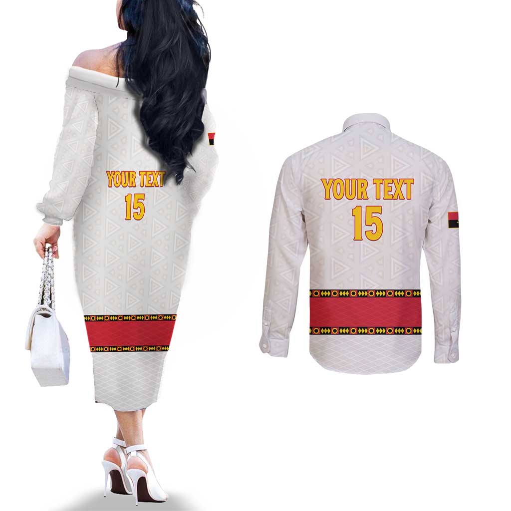 Custom Angola Football Couples Matching Off The Shoulder Long Sleeve Dress and Long Sleeve Button Shirt Avante Palancas Negras - White - Wonder Print Shop