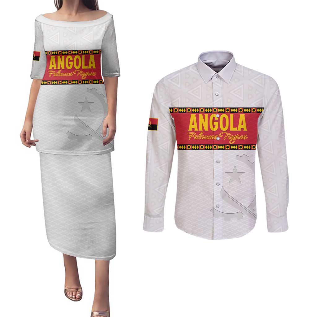 Custom Angola Football Couples Matching Puletasi and Long Sleeve Button Shirt Avante Palancas Negras - White - Wonder Print Shop