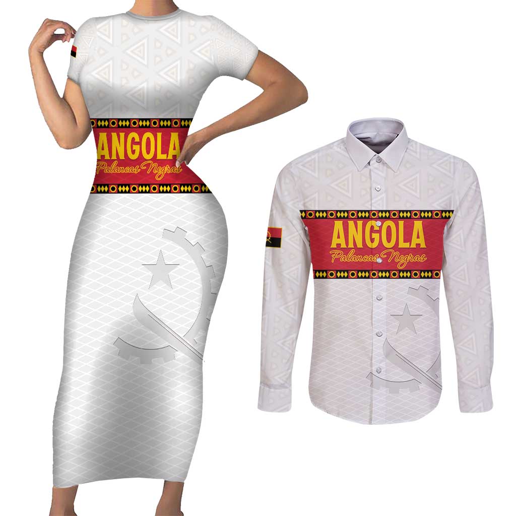 Custom Angola Football Couples Matching Short Sleeve Bodycon Dress and Long Sleeve Button Shirt Avante Palancas Negras - White - Wonder Print Shop