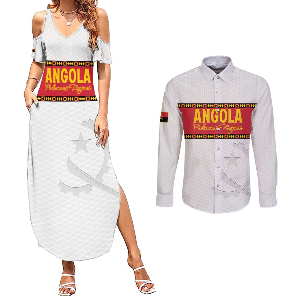Custom Angola Football Couples Matching Summer Maxi Dress and Long Sleeve Button Shirt Avante Palancas Negras - White - Wonder Print Shop