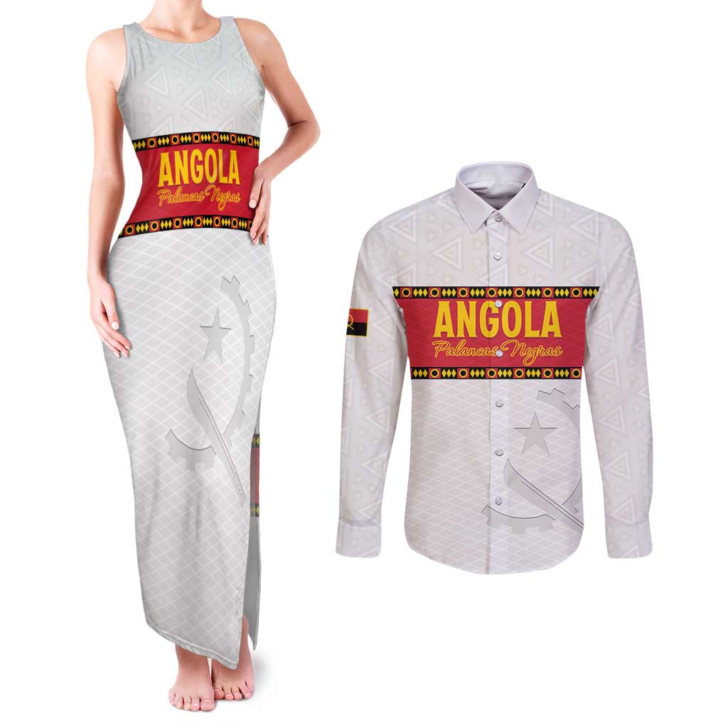 Custom Angola Football Couples Matching Tank Maxi Dress and Long Sleeve Button Shirt Avante Palancas Negras - White - Wonder Print Shop