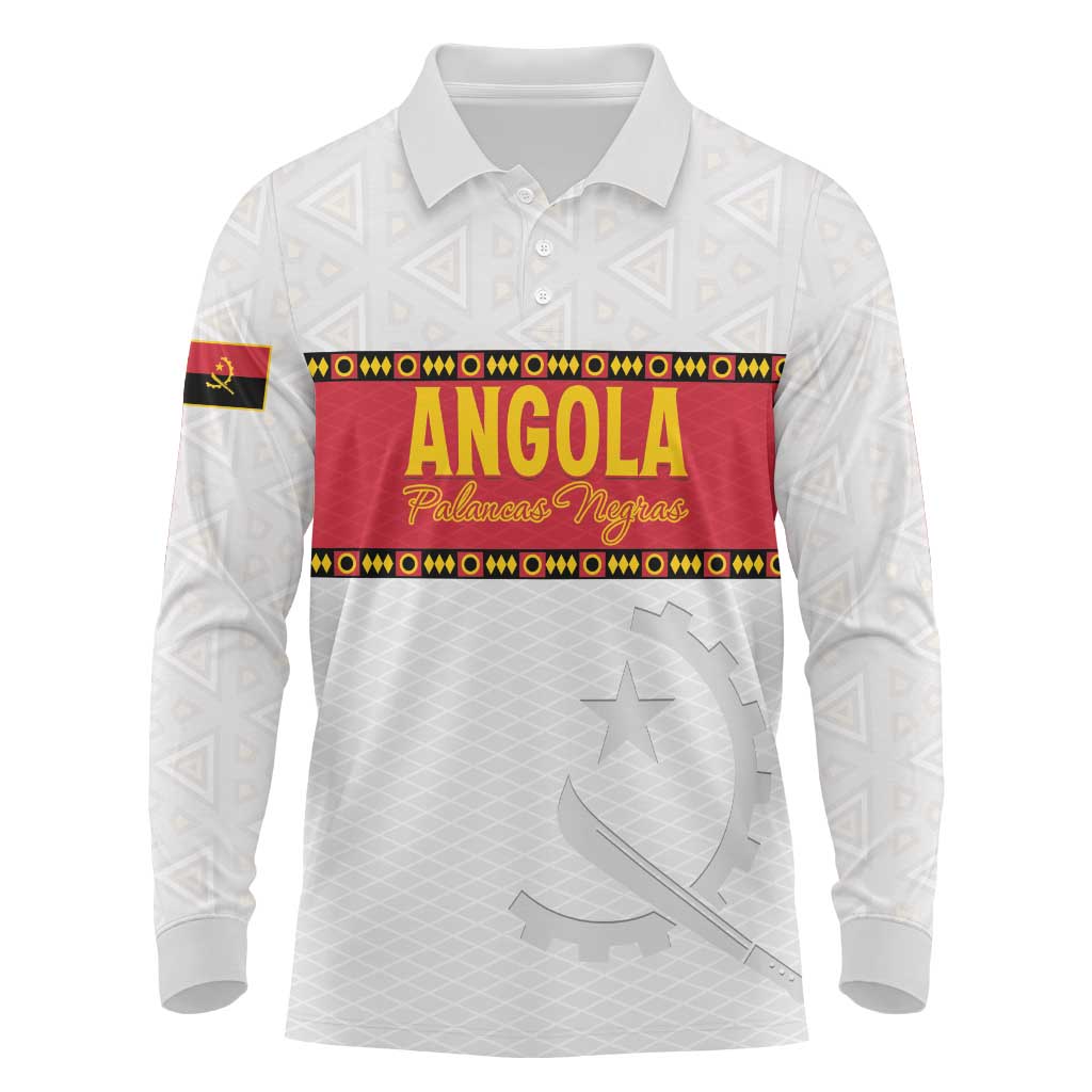 Custom Angola Football Long Sleeve Polo Shirt Avante Palancas Negras - White - Wonder Print Shop