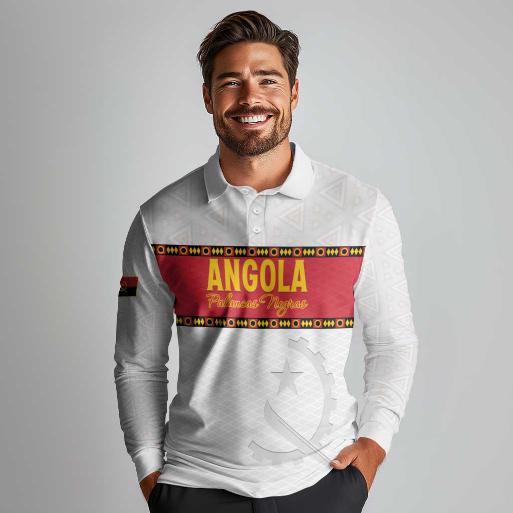 Custom Angola Football Long Sleeve Polo Shirt Avante Palancas Negras - White - Wonder Print Shop