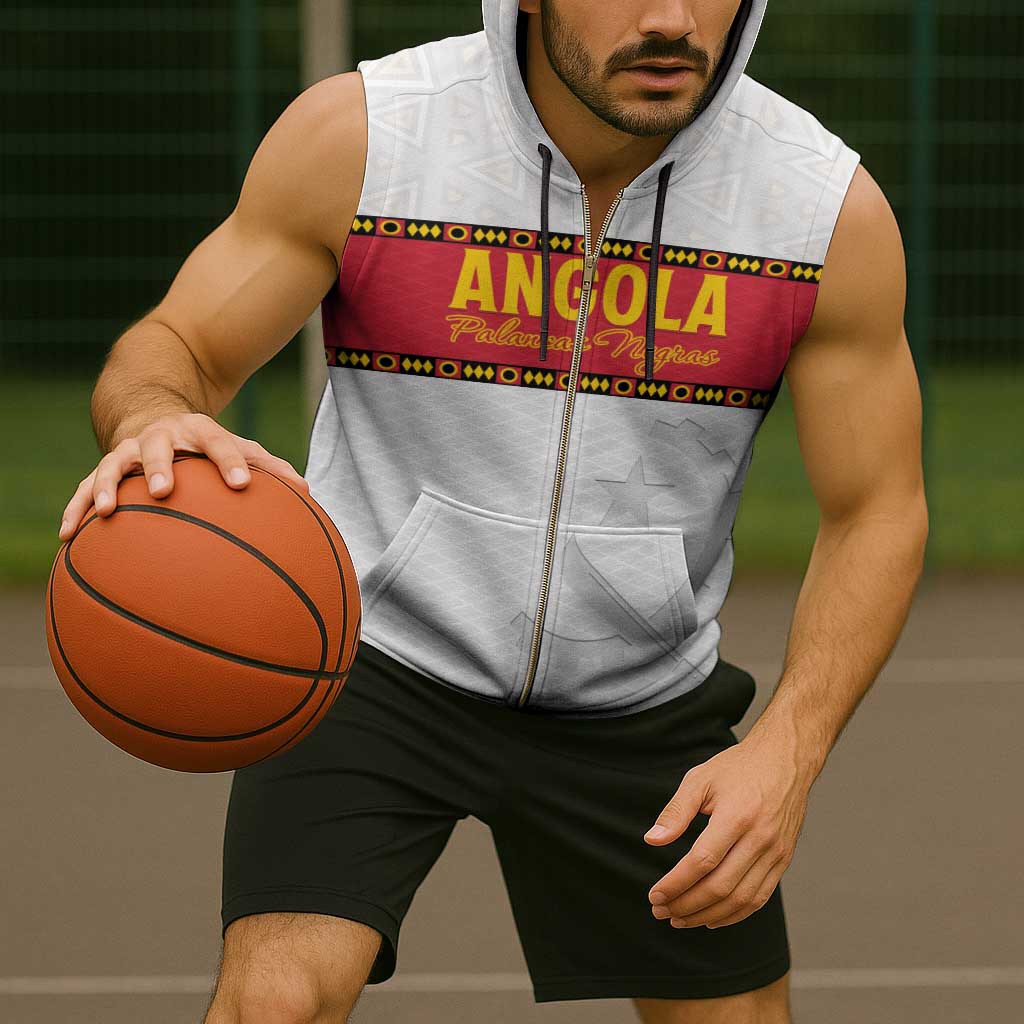Custom Angola Football Sleeveless Zip Hoodie Avante Palancas Negras - White - Wonder Print Shop