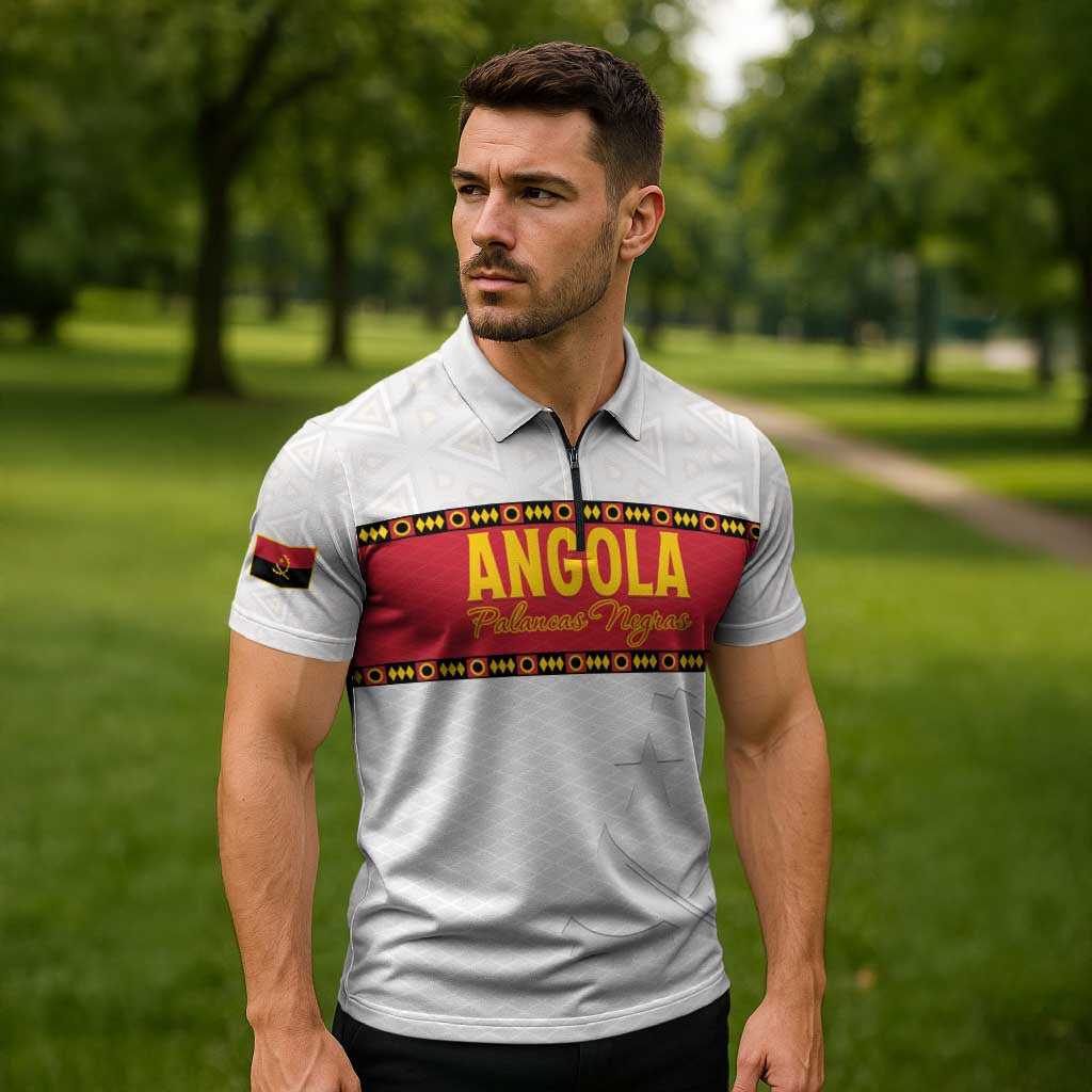 Custom Angola Football Zipper Polo Shirt Avante Palancas Negras - White - Wonder Print Shop