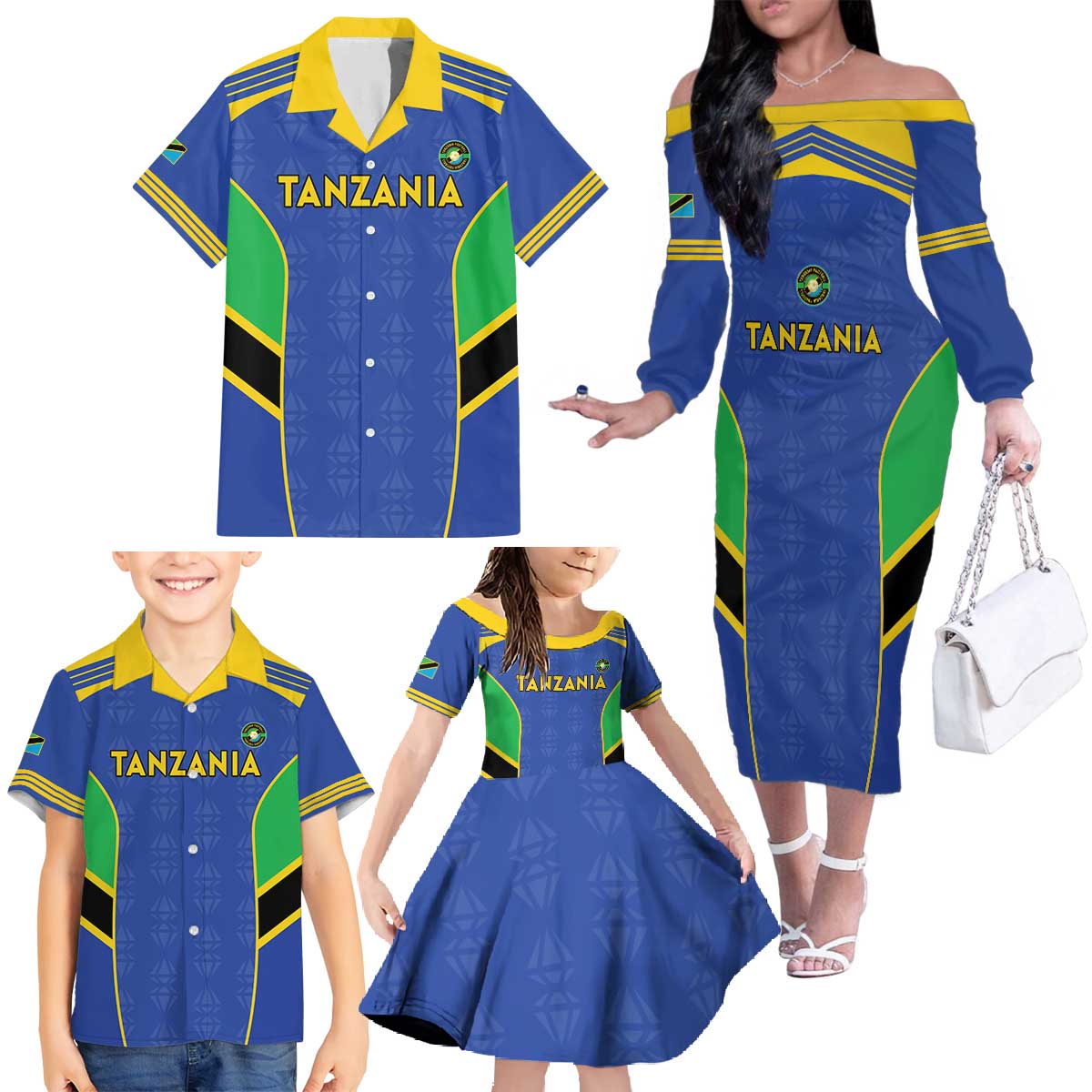 Custom Tanzania Football Family Matching Off The Shoulder Long Sleeve Dress and Hawaiian Shirt Go Taifa Stars Go - Wonder Print Shop