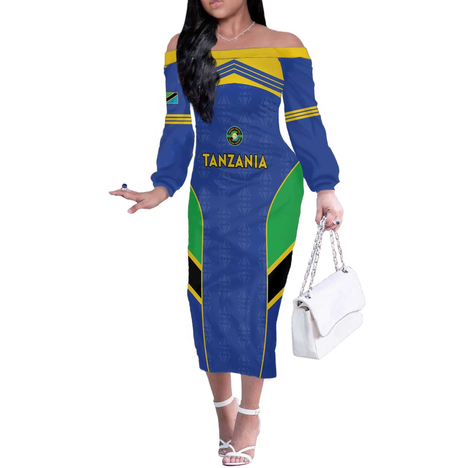 Custom Tanzania Football Off The Shoulder Long Sleeve Dress Go Taifa Stars Go - Wonder Print Shop